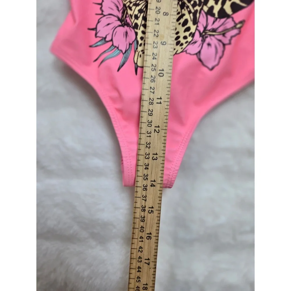 Def Leppard Girls Neon Coral Leopard Graphic One Piece Swimsuit Size 4/5 5350